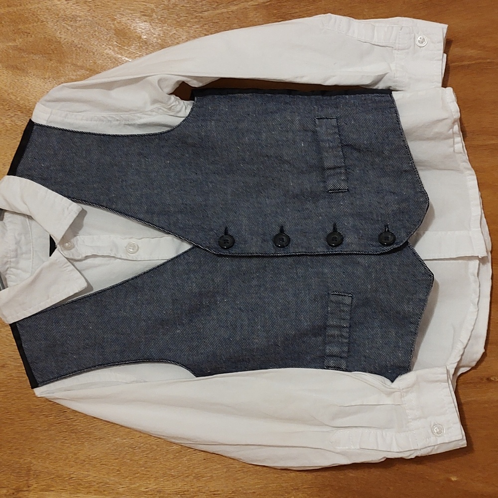 *2-Piece Set* Little Boys White 100% Cotton Dress Shirt Blue Linen Blend Vest 5T